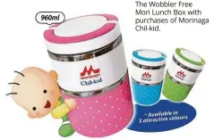  ??  ?? The Wobbler Free Mori Lunch Box with purchases of Morinaga Chil- kid.