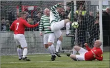  ??  ?? Gary Dempsey controls the ball in front of goal during the Greystones AFC vs Ireland Legends match at Woodlands. Photos: Barbara Flynn