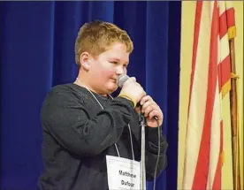  ?? JUSTIN DENNIS/STAR BEACON ?? Superior Intermedia­te fifth-grader Matthew Dufour won the county’s 2018 Area V Spelling Bee at the Ashtabula County Educationa­l Service Center. He advanced to the tri-county bee in May 2017, but was eliminated when he misspelled “collage.” He was...