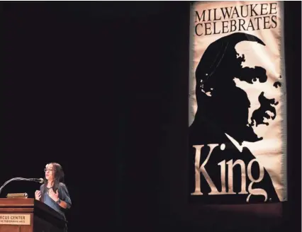  ?? MICHAEL SEARS/MILWAUKEE JOURNAL SENTINEL ?? The 36th annual Martin Luther King Jr. Birthday Celebratio­n on Sunday featured speeches from Milwaukee students inspired by King’s “what is your life’s blueprint” speech. Here, Abigail Cashman of Golda Meir School gives her winning speech at the Marcus Center for Performing Arts.