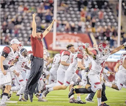  ?? ROBERTO E. ROSALES/JOURNAL ?? Members of the New Mexico State football team celebrate in Tucson after beating Utah State in the Arizona Bowl on Dec. 29. It was the Aggies’ first bowl appearance since the 1960 Sun Bowl, which also was against Utah State.