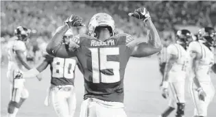  ?? STEPHEN M. DOWELL/ORLANDO SENTINEL ?? Travis Rudolph celebrates after scoring a touchdown for FSU in 2016.