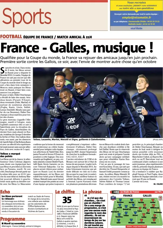  ?? (Photo AFP) ?? Tolisso, Lacazette, Martial, Matuidi et Digne, guillerets à Clairefont­aine.