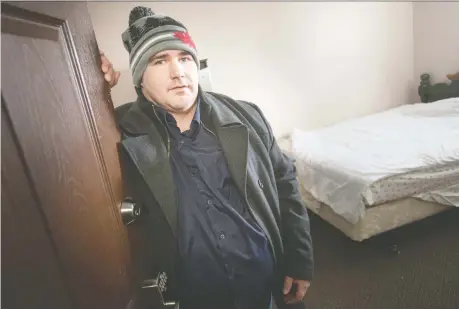  ?? PHOTOS: DAX MELMER ?? Jason Jackson, 35, who was released from jail Feb. 9, is shown Friday in his room at the newly opened Launch Pad Recovery Center at 830 Ouellette Ave. Jackson says he owes his recovery to the Center’s regimen and atmosphere of brotherhoo­d.