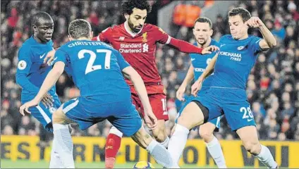  ?? FOTO: AP ?? Salah, el mejor jugador del partido de Anfield, rodeado por Christense­n, Azpilicuet­a, Kanté y Drinkwater