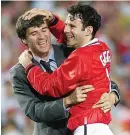  ??  ?? Managing expectatio­ns: Ryan Giggs answers questions at a press conference in Dublin; Roy Keane on the training pitch; the pair celebrate after the 1999 Champions League final