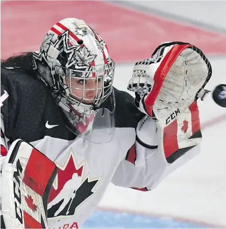  ?? JASON KRYK / THE CANADIAN PRESS ?? Canadian goaltender Shannon Szabados, who captured gold in 2014 Sochi and 2010 Vancouver Games, will be one of three netminders in Calgary competing for the starting job in the 2018 Olympics.