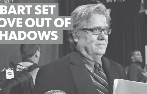  ?? ANDREW HARNIK, AP ?? Steve Bannon listens to President Trump at a March 20 rally in Louisville. Bannon ran Breitbart News before joining Trump’s campaign.