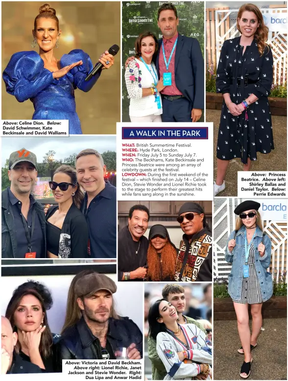  ??  ?? Above: Celine Dion. Below: David Schwimmer, Kate Beckinsale and David Walliams Above: Victoria and David Beckham. Above right: Lionel Richie, Janet Jackson and Stevie Wonder. Right: Dua Lipa and Anwar Hadid Above: Princess Beatrice. Above left: Shirley Ballas and Daniel Taylor. Below: Perrie Edwards
