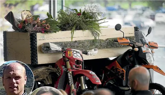  ??  ?? Richard Ebbett’s casket was held up by two motocross motorcycle­s at his funeral in Palmerston North on Saturday.