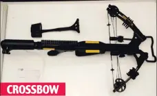  ??  ?? CROSSBOW
Terrifying arsenal: Gabrielle Friel was found to be in possession of a lethal crossbow and bolts, a telescopic scope and a knife