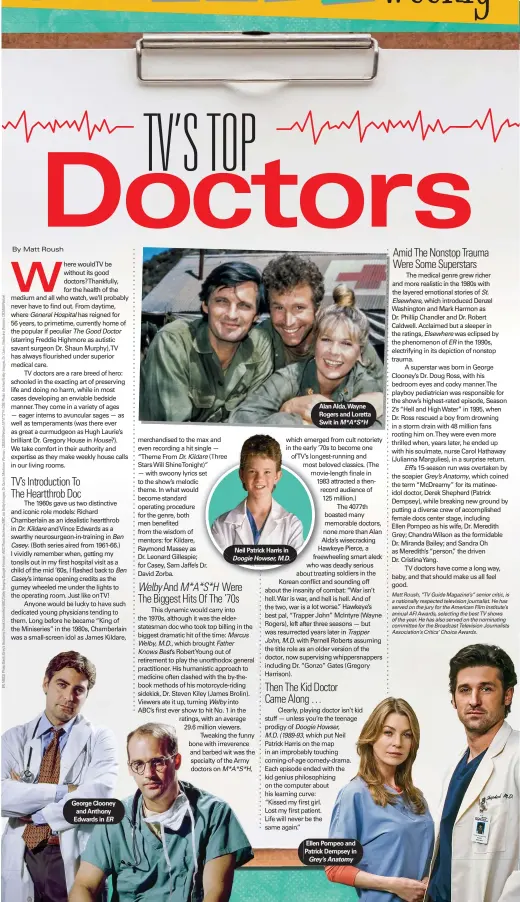  ?? ?? George Clooney and Anthony Edwards in ER
Neil Patrick Harris in Doogie Howser, M.D.
Alan Alda,wayne Rogers and Loretta Swit in M*A*S*H
Ellen Pompeo and Patrick Dempsey in Grey’s Anatomy