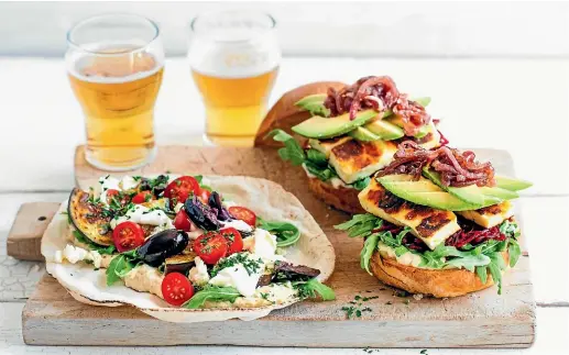  ?? SARAH TUCK ?? Halloumi burgers and eggplant wraps make colourful and tasty summer fare – even better washed down with a cold one.