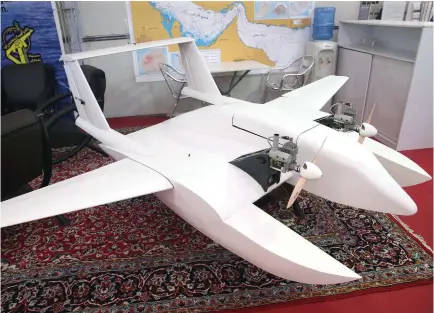  ??  ?? ‘Suicide drone’ capable of delivering explosives to blow up targets at sea and on land is on display in Tehran. The new drone is primarily for maritime surveillan­ce and has not been designed to be armed with missiles, the Tasnim news agency. (AFP)