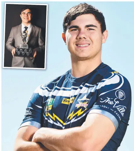  ?? HONOUR ROLL: Jake Clifford at 1300SMILES Stadium and ( inset) with his Cowboys rookie of the year award. Picture: ALIX SWEENEY ??