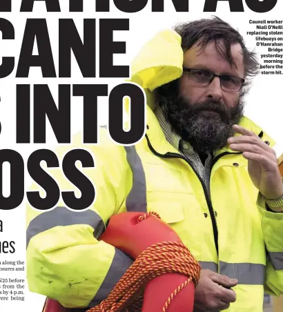  ??  ?? Council worker Niall O’NeIll replacing stolen lifebuoys on O’Hanrahan Bridge yesterday morning before the storm hit.