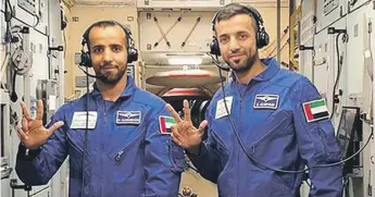  ?? Dubai Media Office ?? Emirati astronauts Maj Hazza Al Mansouri, left, and Dr Sultan Al Neyadi
