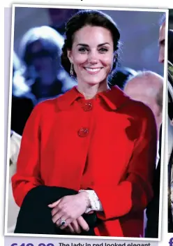  ??  ?? £49.99 The lady in red looked elegant in this coat at the Queen’s 90th birthday celebratio­n in Windsor in 2016
£79.99 Effortless­ly cool in a navy jacket at a wine-tasting in Queenstown, New Zealand, in 2014