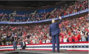  ??  ?? US PRESIDENT Donald Trump waves to the crowd at his first in-person rally since the outbreak of coronaviru­s pandemic, in Tulsa, Oklahoma, on Saturday.(Leah Millis/Reuters)