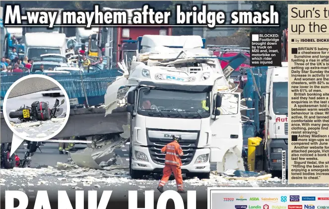  ??  ?? BLOCKED: Footbridge brought down by truck on M20 and, inset, motorbike on which rider was injured