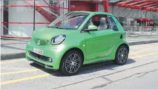  ?? PETER BLEAKNEY/DRIVING ?? The 2017 Smart Fortwo Cabrio Electric Drive has an 82-horsepower electric motor, a range of 155 kilometres, is coming to Canada in October, and will start around $30,000.
