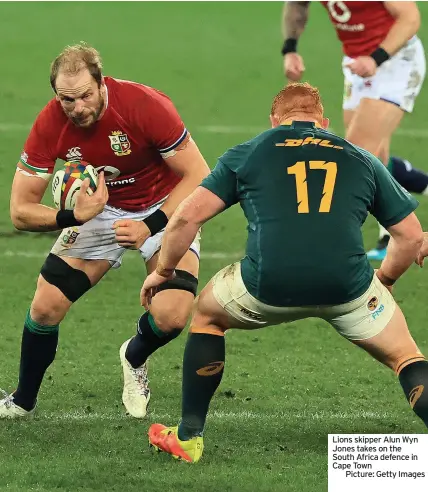  ??  ?? Lions skipper Alun Wyn Jones takes on the
South Africa defence in Cape Town
Picture: Getty Images