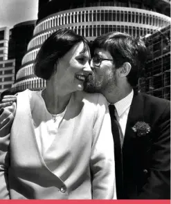  ??  ?? ABOVE: The new leader of the NZ Labour Party gets a kiss from her husband, Peter Davis, in 1993. BELOW: Helen’s maiden speech to Parliament in 1982. RIGHT: At university in the 1970s, Helen was politicall­y active as a Labour Party youth advisor.