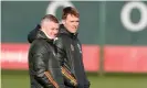  ??  ?? Darren Fletcher (right) alongside Ole Gunnar Solskjaer during a Manchester United training session in January. The former midfielder has been promoted from first-team coach to technical director. Photograph: Matthew Peters/Manchester United/ Getty Images