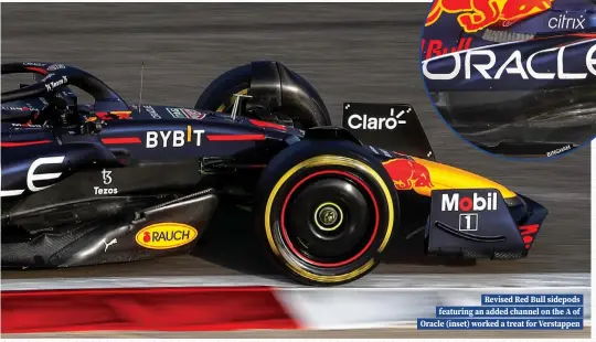  ?? ?? Revised Red Bull sidepods featuring an added channel on the A of Oracle (inset) worked a treat for Verstappen