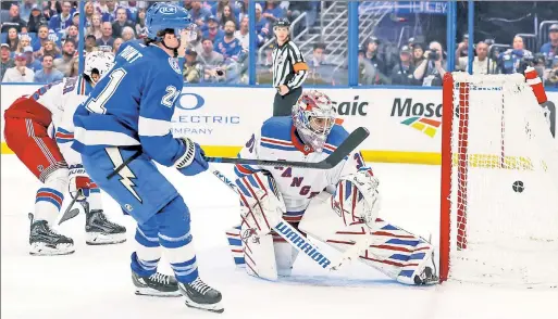  ?? Getty Images ?? THUNDERSTR­UCK: Rangers goalie Igor Shesterkin watches Brayden Point’s shot slip past him for a second-period goal, the first of the night for the Lightning on the way to dealing the Blueshirts a 6-3 loss Thursday at Amalie Arena.