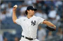  ?? NOAH K. MURRAY — THE ASSOCIATED PRESS ?? New York Yankees starting pitcher Gerrit Cole throws against the Los Angeles Angels during the first inning of a baseball game Monday, Aug. 16, 2021, in New York.