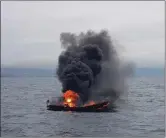  ??  ?? An RNLI photo of the 37ft cruiser that went up in flames four miles south of Dingle Harbour on Saturday.