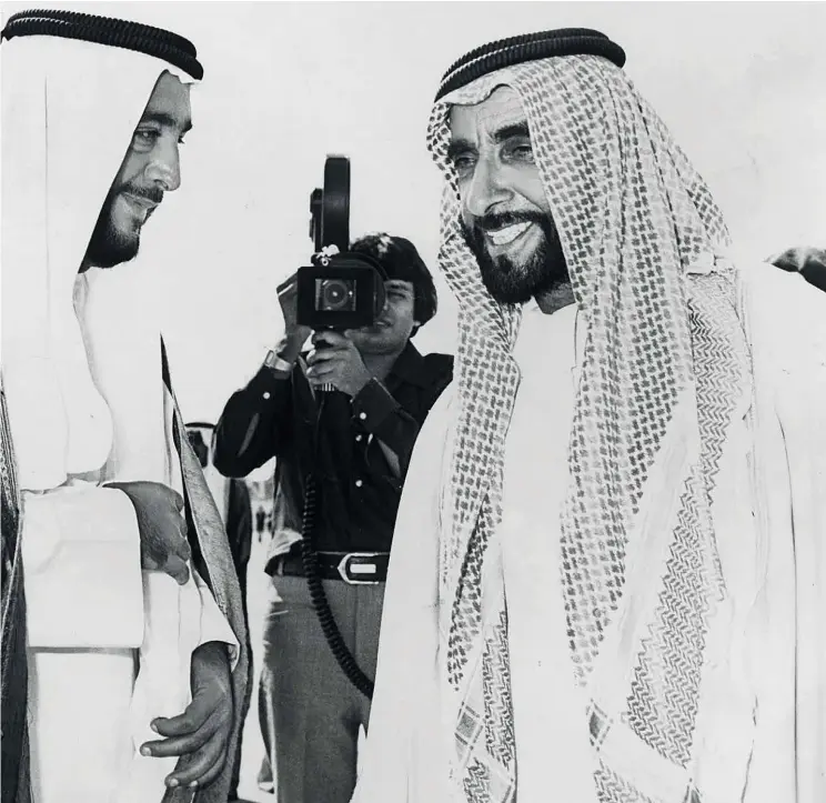  ?? ?? Fond farewell
Above: Shaikh Khalifa bids farewell
to Shaikh Zayed as he leaves for Amman to attend the Arab League meeting in 1980.