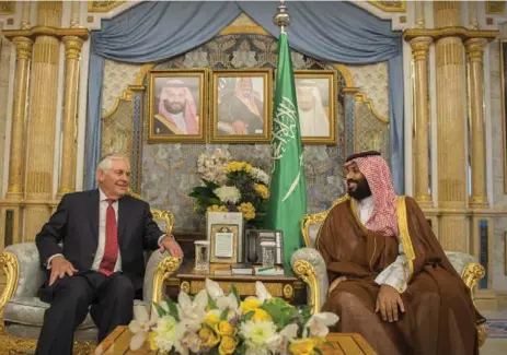  ?? BANDAR AL-JALOUD/AFP/GETTY IMAGES ?? Crown Prince Mohammed bin Salman, right, with U.S. Secretary of State Rex Tillerson in Jeddah, Saudi Arabia.