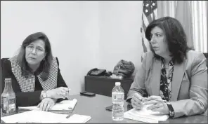  ?? AP/ MICHAEL BALSAMO ?? Maureen McCormick ( left), chief of vehicular crimes at the Nassau County district attorney’s office, and Nassau County District Attorney Madeline Singas talk about the rise in synthetic drugs and its impact on drugged driving during an interview April...