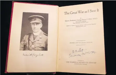  ?? LYLE ASPINALL ?? A book by Frederick George Scott, a First World War chaplain loved by soldiers, sits inside the Military Museums.