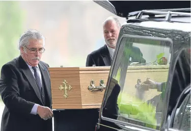  ??  ?? Desmond Carrington’s coffin arrives at Perth Crematoriu­m and, right, the order of service.