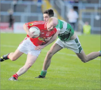  ??  ?? Derry Ahern East Kerry challanged by Jack O'Neill Legion in the Garvey's SuperValu Senior Football Championsh­ip round 1 in the Fitzgerald Stadium, Killarney on Saturday. Photo by Michelle Cooper Galvin