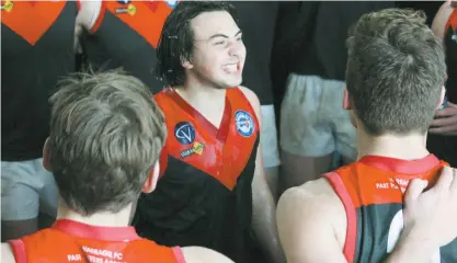  ??  ?? A first game of senior football doesn’t get much better than Nathan Tutton’s, promoted from the Under 18s and being in the centre of the circle to sing the team song when Warragul pulled off one of the season’s biggest upsets against Traralgon on...