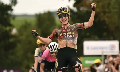  ?? ?? Marianne Vos celebrates her victory on stage two of the Tour de France Femmes. Photograph: JeffPachou­d/AFP/Getty Images