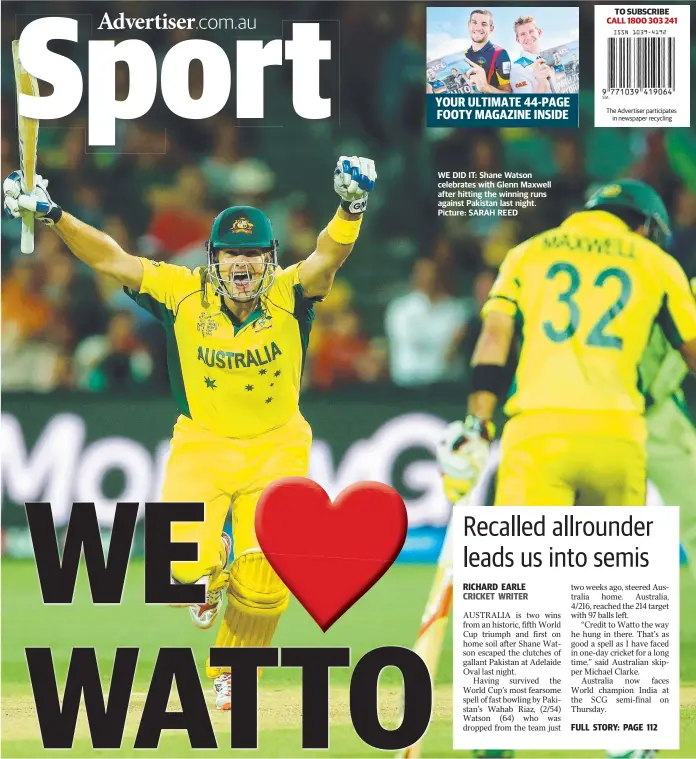  ?? Picture: SARAH REED ?? WE DID IT: Shane Watson celebrates with Glenn Maxwell after hitting the winning runs against Pakistan last night.
