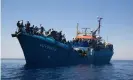  ??  ?? The Iuventa in the Mediterran­ean with 447 rescued people onboard, July 2016. Photograph: Cesar Dezfuli