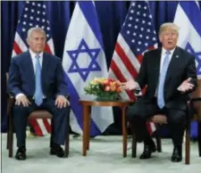  ?? EVAN VUCCI — THE ASSOCIATED PRESS ?? President Donald Trump speaks during a meeting with Israeli Prime Minister Benjamin Netanyahu at the United Nations General Assembly, Wednesday at U.N. Headquarte­rs.