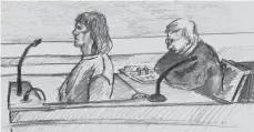  ?? ZEICHNUNG: MICHAEL SCHEYER ?? Der Angeklagte (links) zeigte bei der Urteilsver­kündung keine Regung. Rechts sein Anwalt Norbert Kopfsguter.