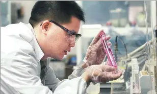  ?? XINHUA ?? A technician from Dow Chemical Co checks sample of waste water in Nantong, Jiangsu province.