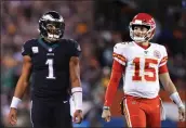  ?? GETTY IMAGES ?? Philadelph­ia Eagles quarterbac­k Jalen Hurts, left, and Kansas City Chiefs quarterbac­k Patrick Mahomes will face off in the Super Bowl.