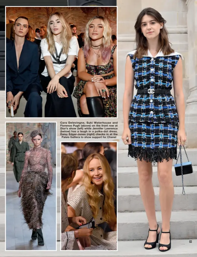  ??  ?? Cara Delevingne, Suki Waterhouse and Florence Pugh (above) on the front row at Dior’s show (left) while Jennifer Lawrence ( below) has a laugh in a polka- dot dress. Daisy Edgar-Jones (right) checks in at the Palais Galliera to show support for Chanel