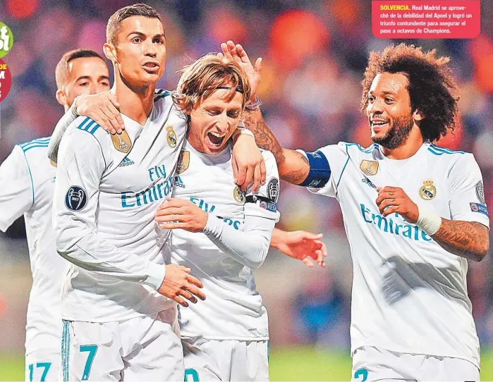  ??  ?? Real Madrid se aprovechó de la debilidad del Apoel y logró un triunfo contundent­e para asegurar el pase a octavos de Champions.