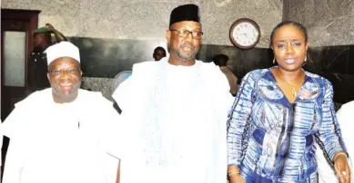  ??  ?? From right: Minister of Finance, Mrs. Kemi Adeosun; Governor of Niger State, Alhaji Abubakar Sani Bello; and the Permanent Secretary, Federal Ministry of Finance, Dr Mahmoud IsaDutse, during the governor's visit to the minister in Abuja yesterday