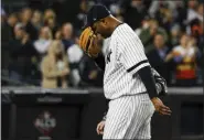  ?? MATT SLOCUM - THE ASSOCIATED PRESS ?? New York Yankees pitcher CC Sabathia is helped off the field during the eighth inning in Game 4 of the American League Championsh­ip Series against the Houston Astros Thursday, Oct. 17, 2019, in New York.